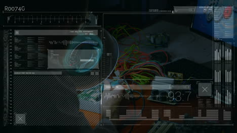 Animation of data processing over caucasian man with computer circuit board