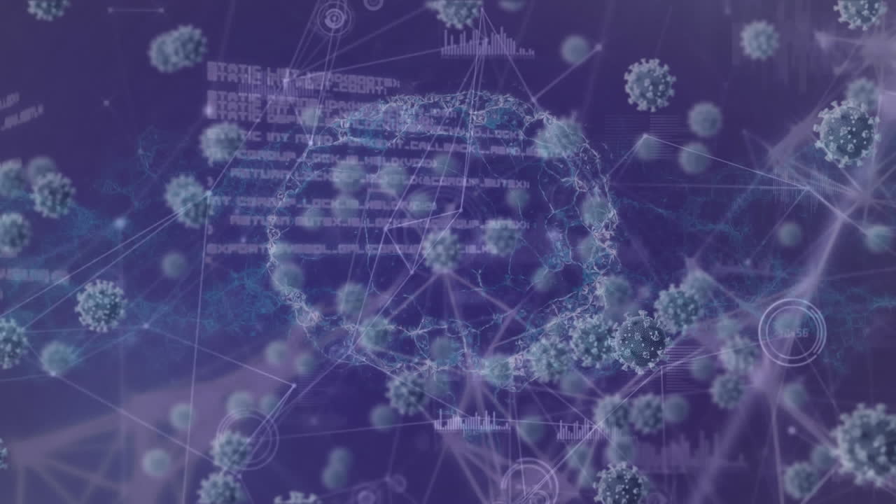 animación de células de covid 19 con procesamiento de datos y giro del cerebro humano