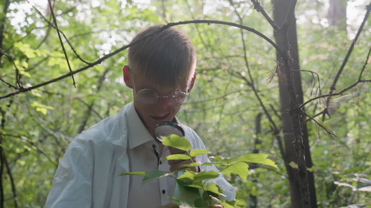 Close view of young scientific researcher in white coat using microscope and jotter to observe leaves in forest, focusing on ecological details and scientific study under natural sunlight in woodland
