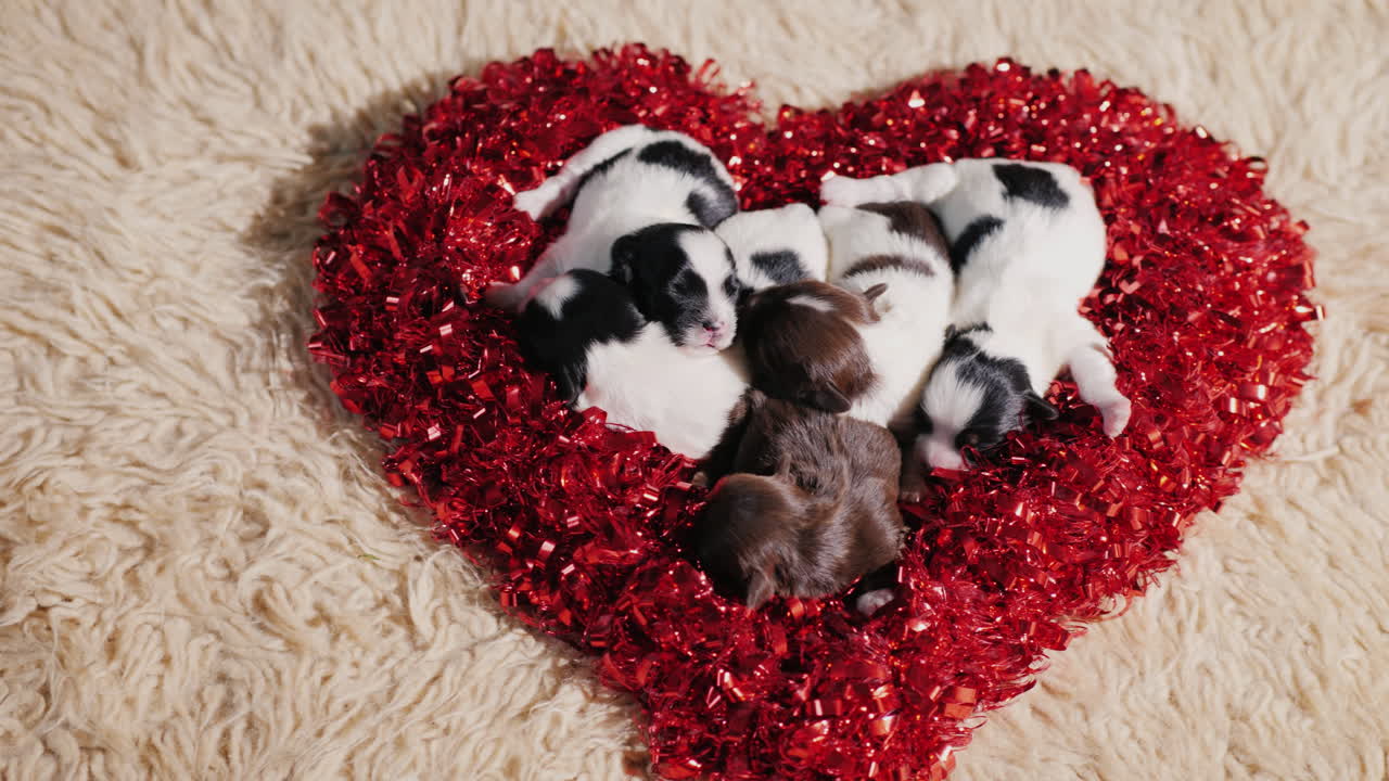 los cachorros yacen en un corazón decorativo 01