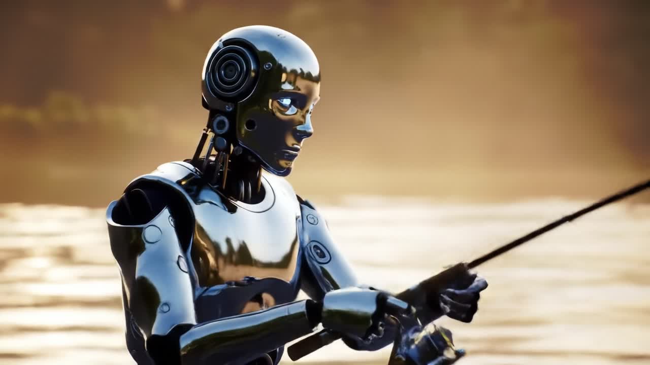 A Highly Reflective Robot Engaged in the Art of Fishing at Dusk, Portraying a Harmonious Blend of Technology and Nature in Stunning Visual Detail