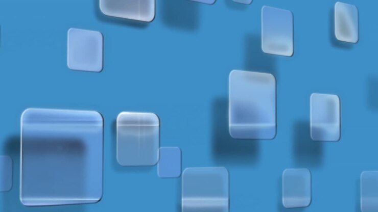 Animation of multiple square shapes moving against blue background with copy space