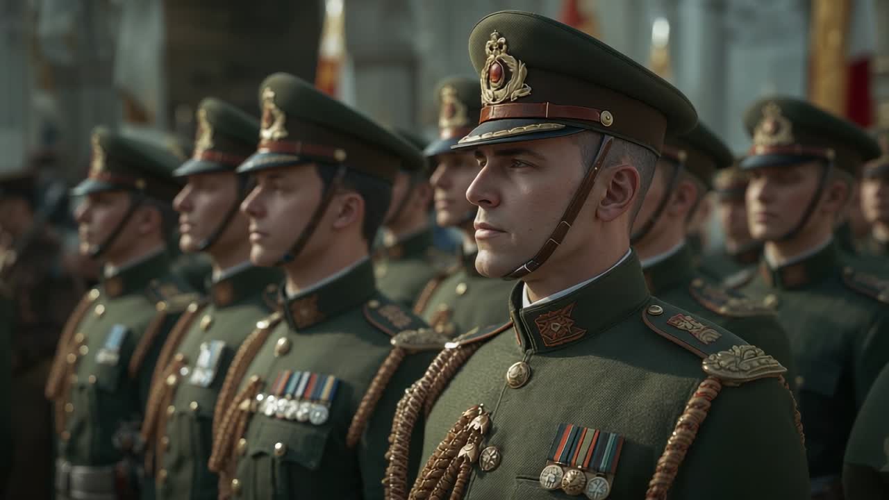 Camera focusing on soldier standing, panning left revealing cords, medals, peaked cap, copy space
