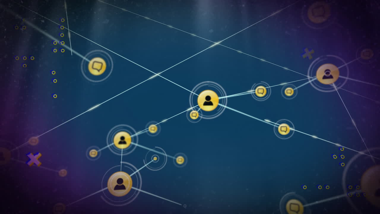 Animation of network of people icons and speech bubbles with data processing on blue background
