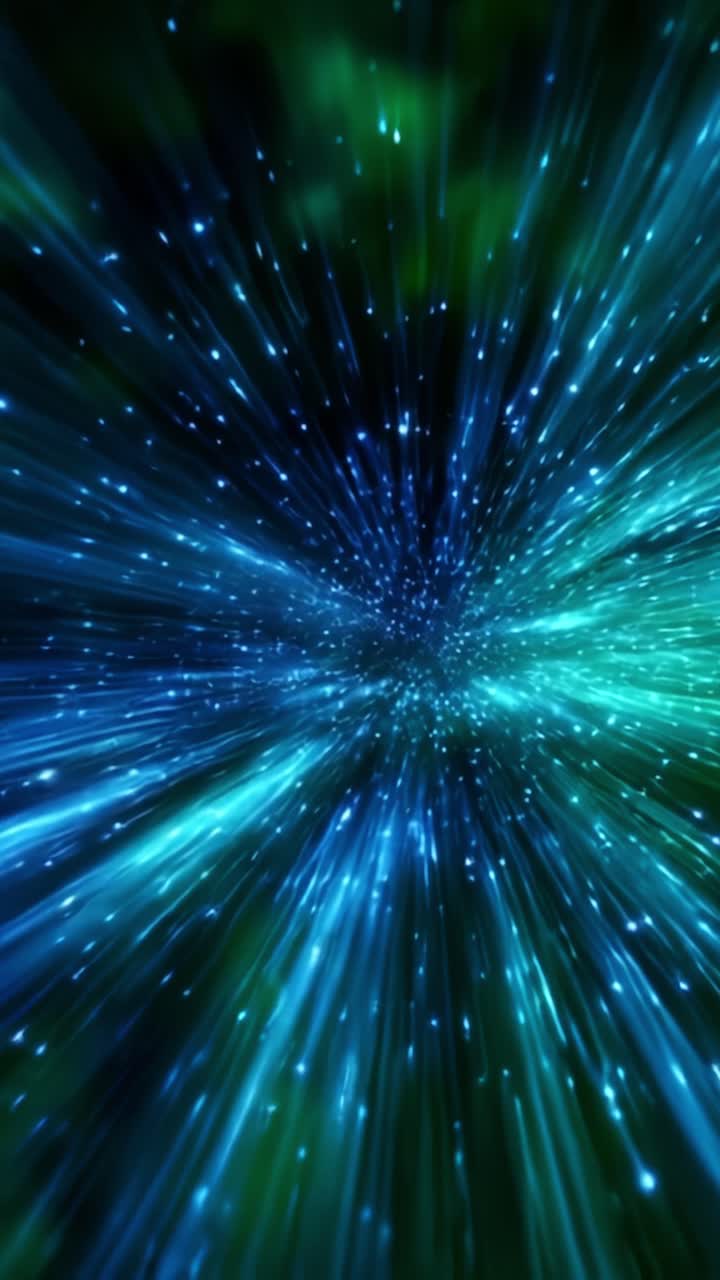 Uno straordinario viaggio visivo attraverso un abisso ipnotico di impulsi di luce blu e verde, che cattura l'essenza delle velocità cosmiche e delle vedute stellate in movimento