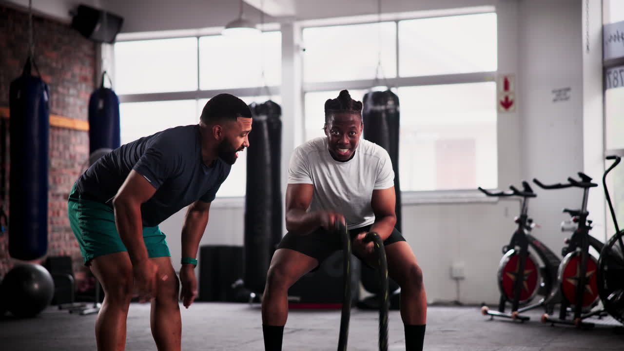 Two men working out with a battle rope in a gym