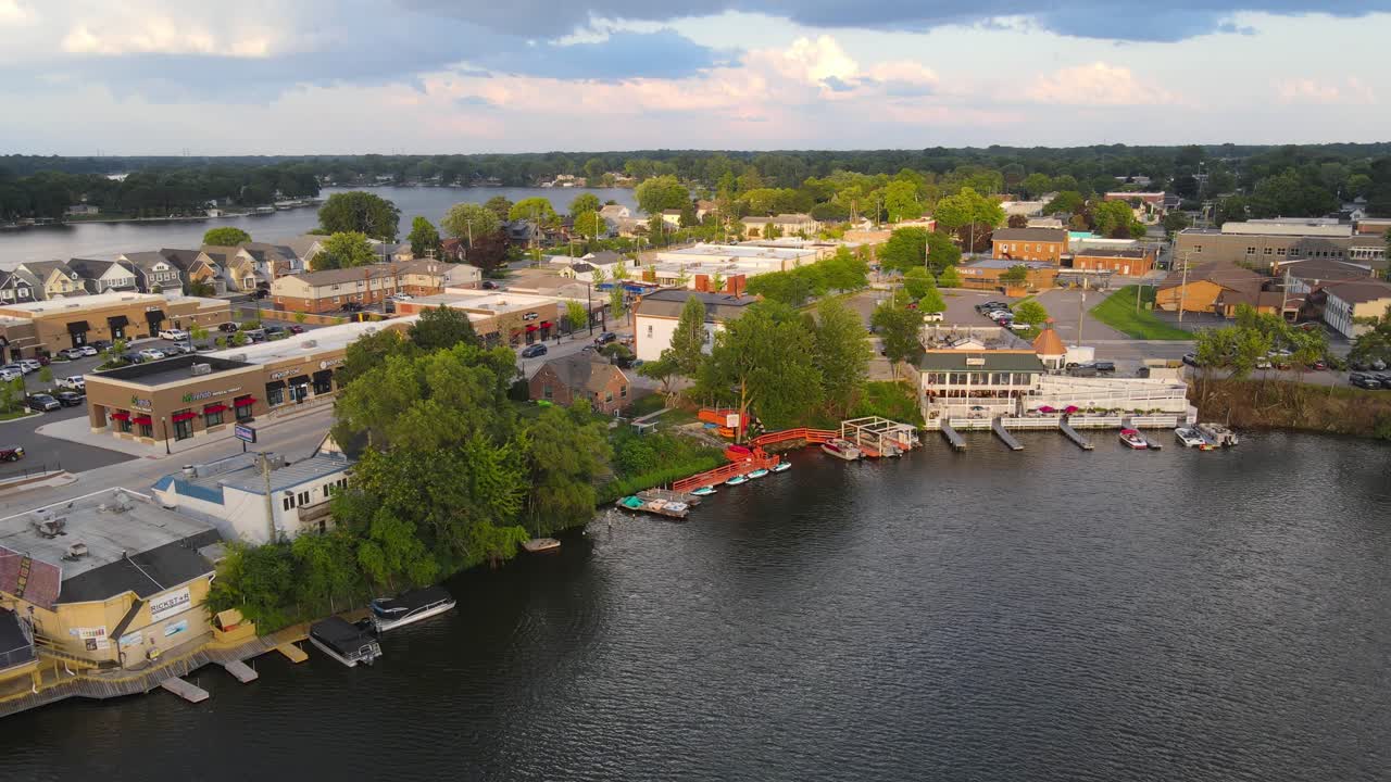 Iconic downtown of Belleville surrounded with lakes, aerial drone view