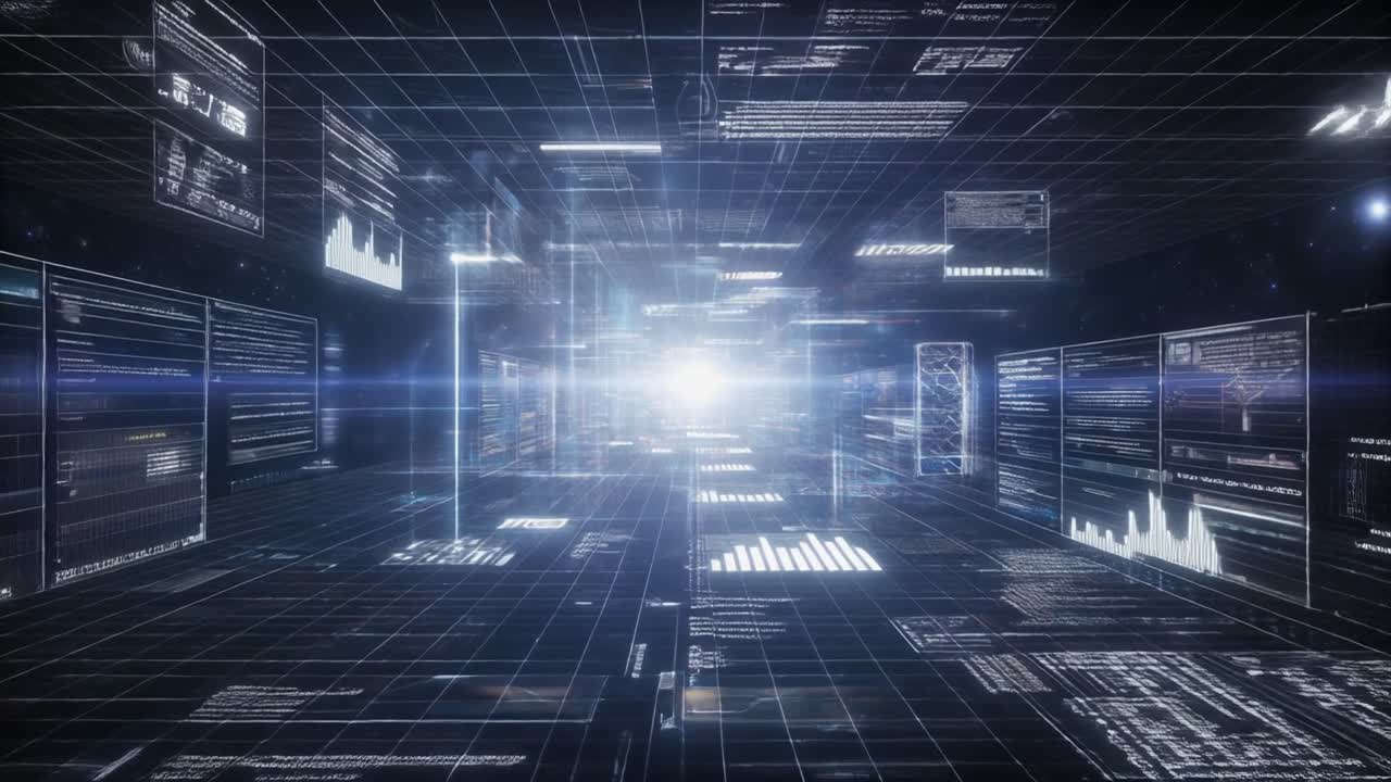 Flying Through a Futuristic Digital Data Network Grid