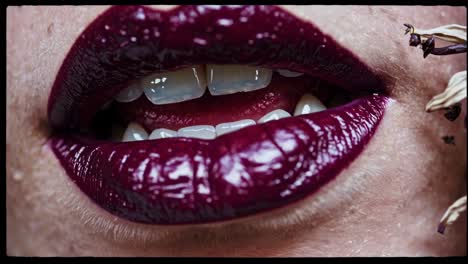 primer plano de los labios de una mujer con lápiz labial borgoña oscuro