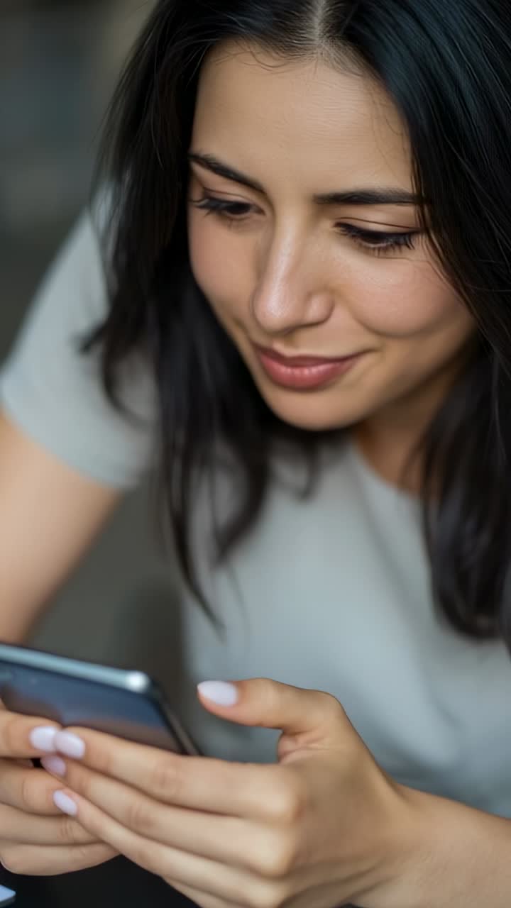 Vertical video: Bringing smartphone into view Middle Eastern woman tapping and scrolling in lounge