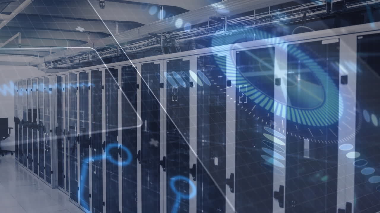 Digital interface animation over server racks in modern data center