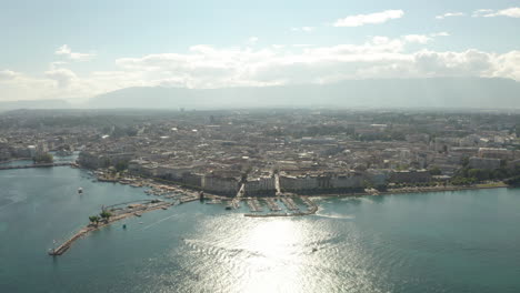 aerial shot towards central geneva on a sunny day