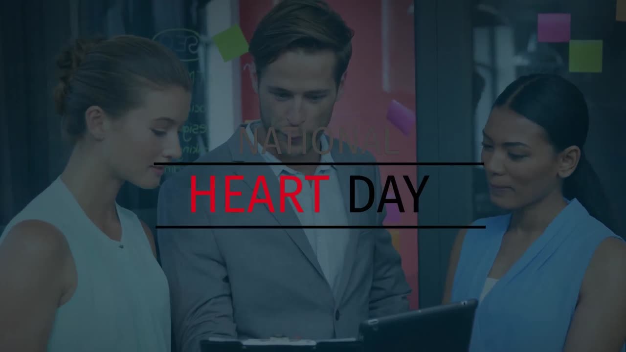 Animation of heart day over diverse female and male coworkers in office