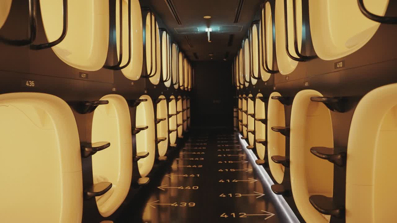 Capsule pod and beds inside a capsule pod hostel and hotel in Tokyo showcases the modern, compact, and futuristic design of this unique and efficient accommodation style.