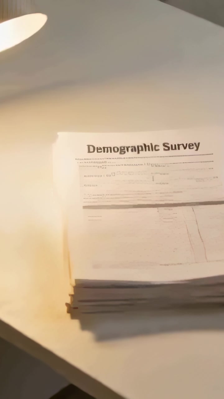 Vertical video: Moving camera closer to Demographic Survey stack on desk by lamp, revealing title