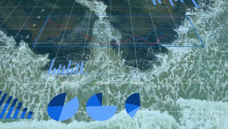 animación de la interfaz infográfica sobre vista aérea de las olas que salpican en el océano