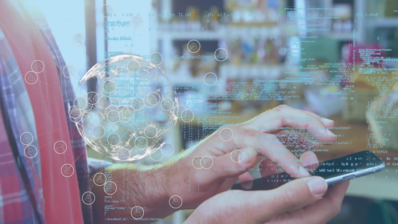 스마트 폰을 사용하여 사람 위에서 연결 네트워크와 데이터 처리의 애니메이션