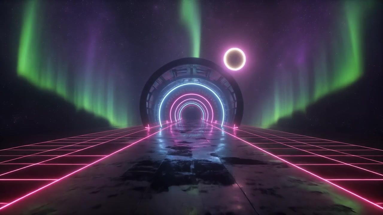 Tunnel futuristico al neon con sfondo di aurora boreale