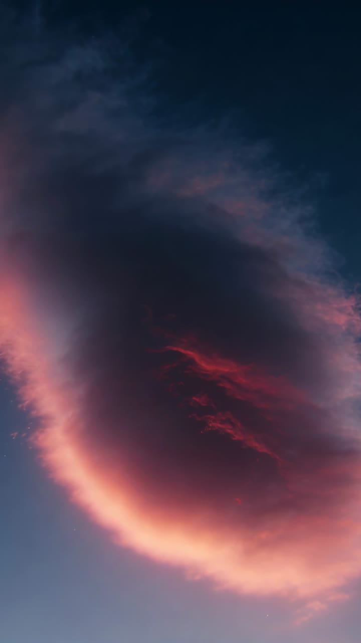 Vertical video: Glowing oval cloud showing pink rim and shifting red streaks at dusk from low sun