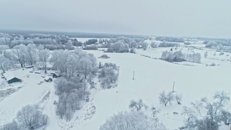 fields by the house are covered with snow during winter