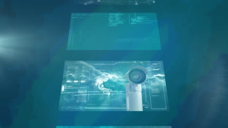 Animation of cascade of digital interfaces with information and data processing, on blue