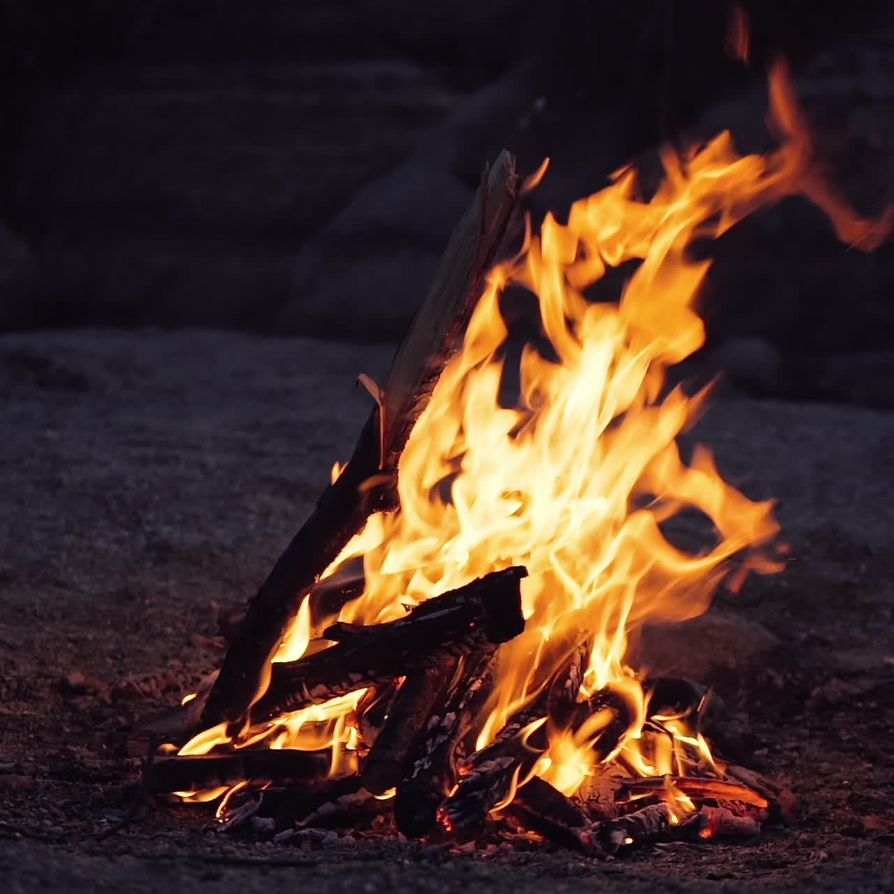 Slow motion of fire at bonfire in the dark, closeup