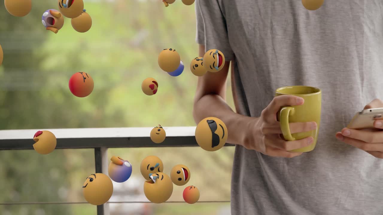 배경 4k에서 스마트폰을 사용하는 여성이 있는 이모지 아이콘