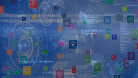 Animation-of-icons-and-diverse-data-on-blue-digital-screen