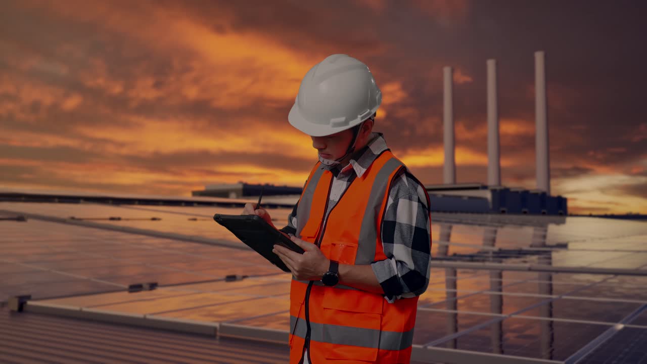 Side View Of Asian Male Engineer With Safety Helmet Taking Note On The Tablet And Looking Around While Standing, Inspecting Solar Panels on Rooftop at Sunset
