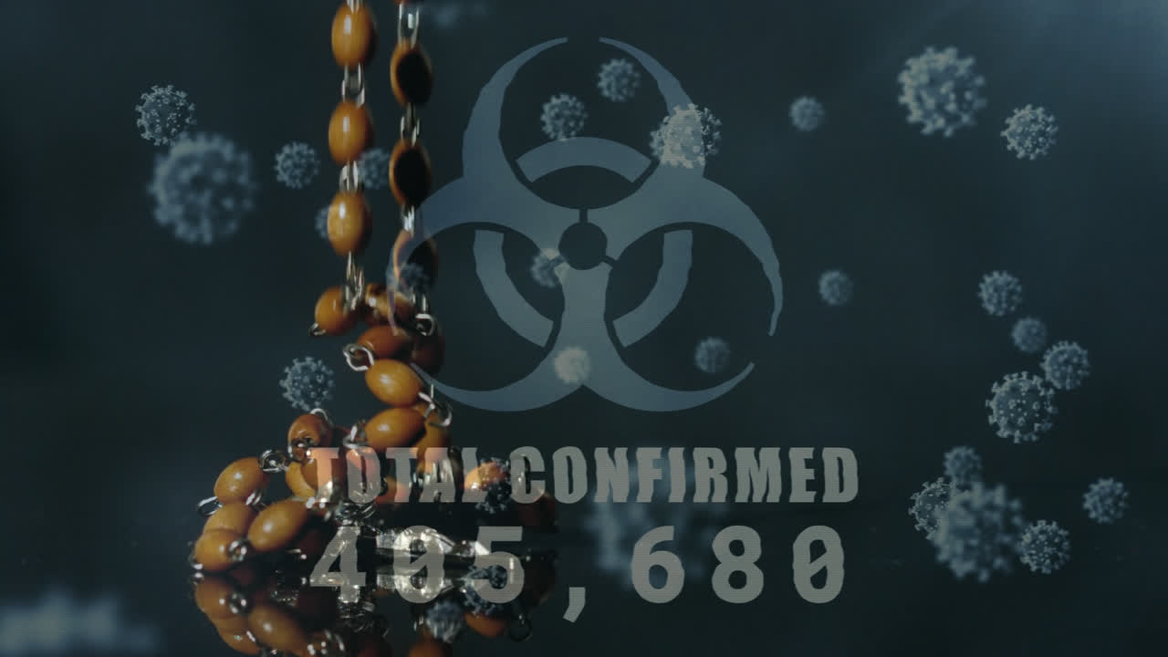 전체 확정된 숫자와 함께 위험 표지판은  rosary 떨어지는 것에 대항하여 상승합니다.