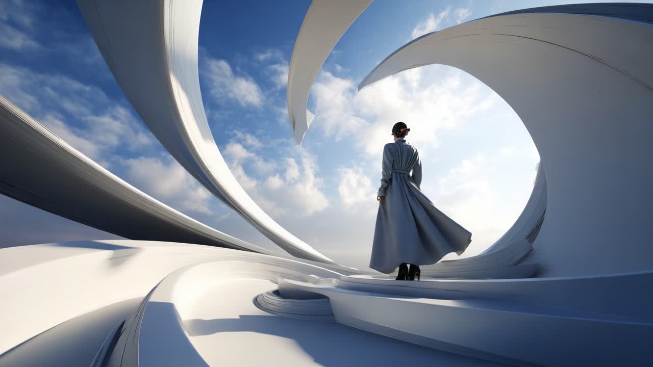 A solitary figure in a flowing coat navigates a surreal landscape of twisting white structures under a vivid sky, illustrating the blend of fashion and surrealism in an artistic journey