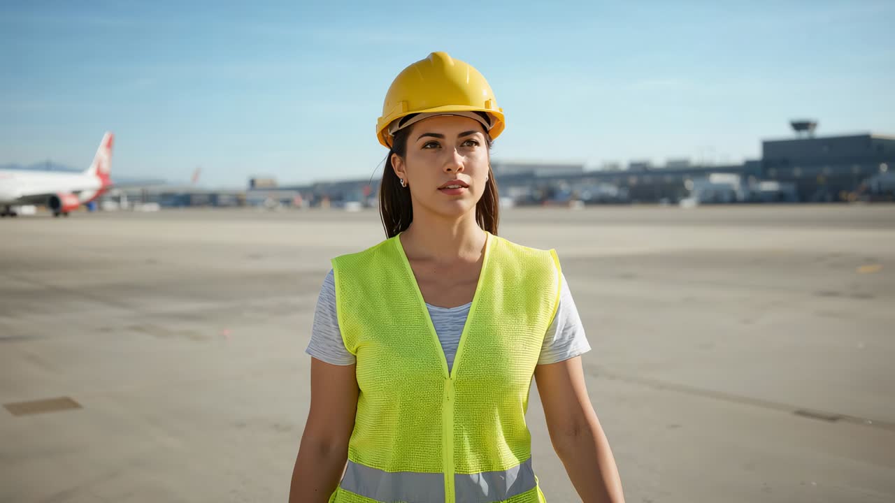 Recording woman on apron blinking and glancing, checking parked plane in hardhat and hi-vis vest