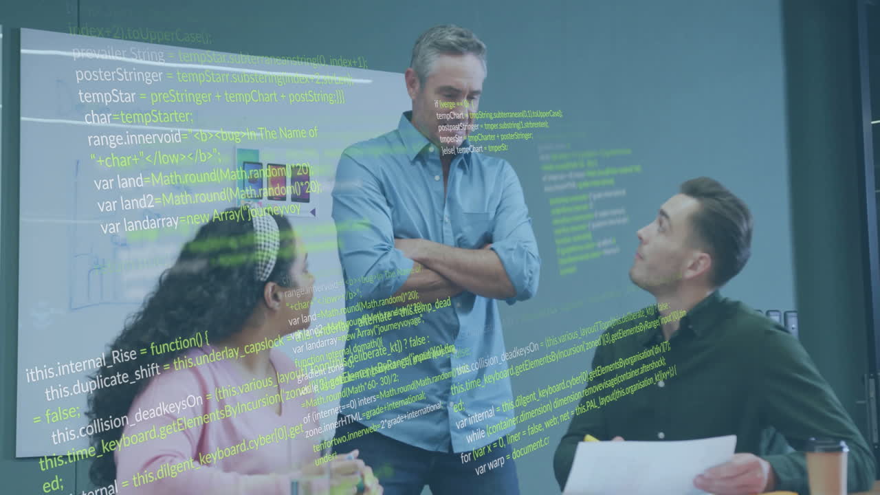 Animation of financial data processing over diverse business people in office