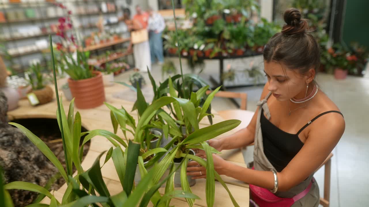 Woman tending to orchids in a plant nursery