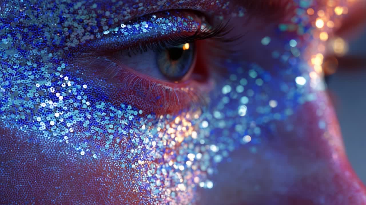A close-up view showcasing the intricate details of a person's eye adorned with shimmering blue glitter, capturing the essence of creativity and beauty in a mesmerizing visual display