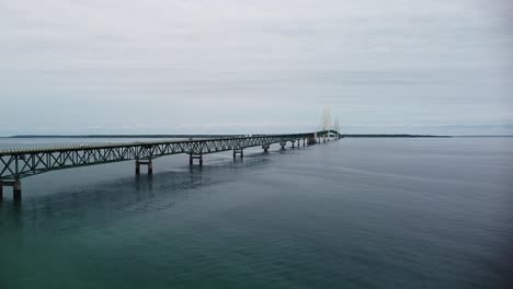 aerial mackinac bridge over water shot