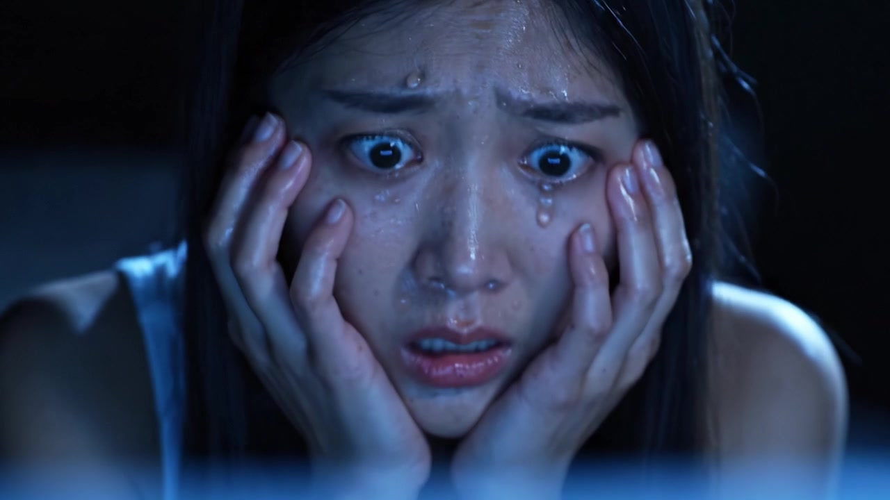 Intense Emotional Scene: A Young Woman's Fear and Anxiety Captured in a Moment of Distress While Staring at a Computer Screen Late at Night