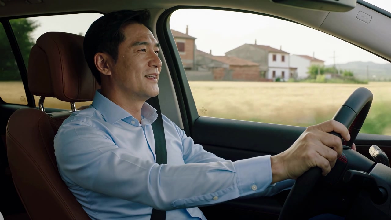 Smiling driver keeps steady focus ahead while seated inside car, hands controlling steering wheel as sunlit farmland, low hills, and scattered houses move past side window.