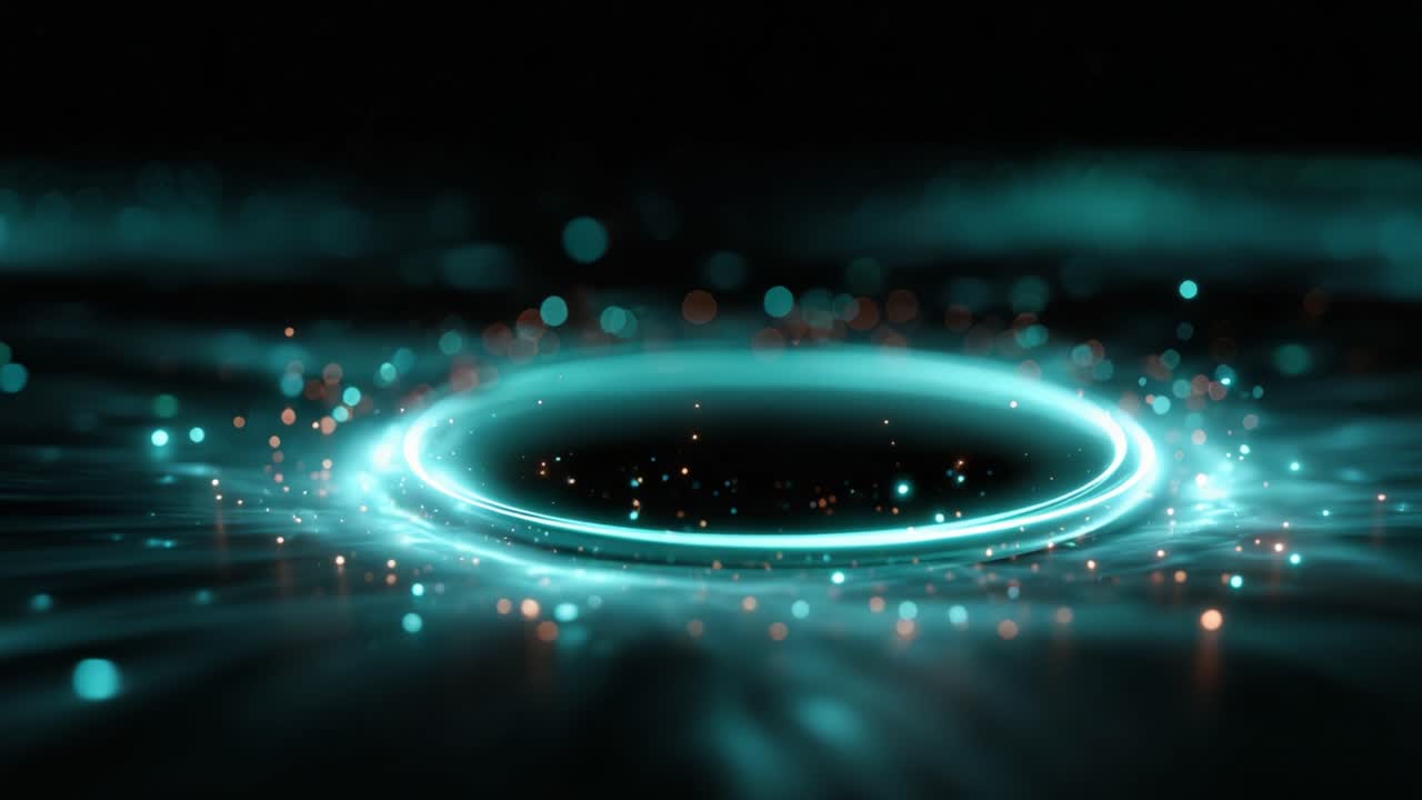 A mesmerizing display of swirling light and color emanates from a central glowing ring, creating a captivating visual experience in a dark environment