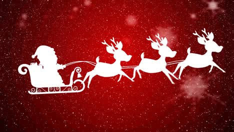 snow falling over santa claus in sleigh being pulled by reindeers against red background