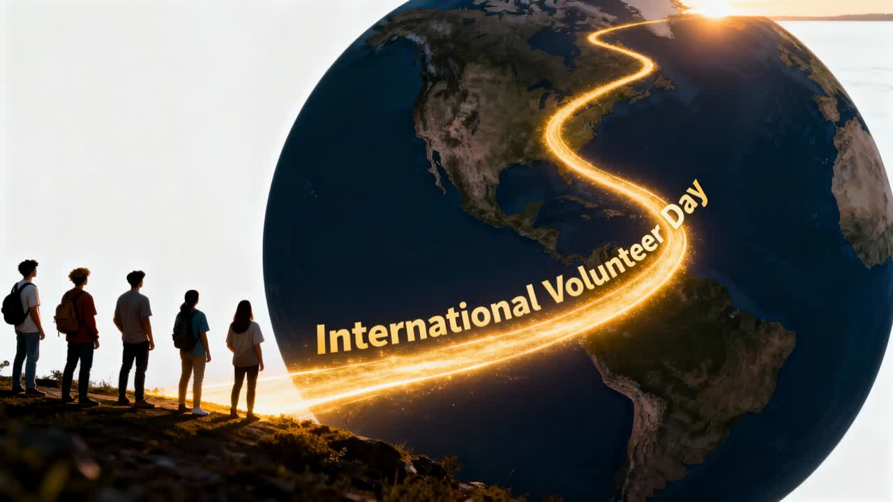 Five people with packs viewing globe from cliff, gold trail rising Intl Volunteer Day, copy space