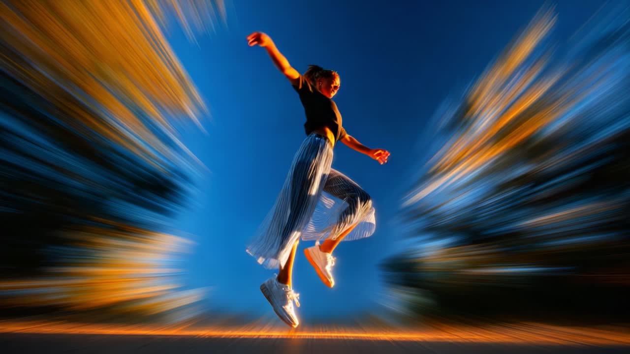 A young woman gracefully leaps in mid-air, embodying freedom and joy against a dynamic backdrop of vibrant colors and motion, capturing the essence of movement and expression