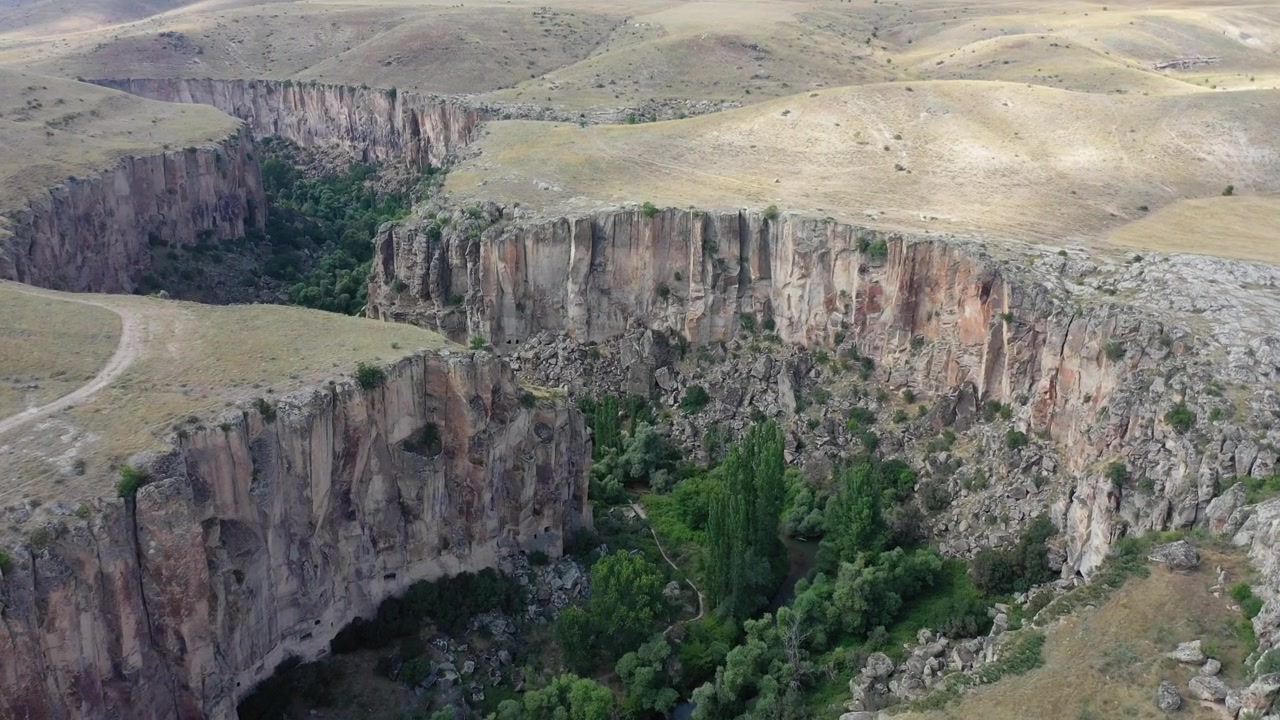 Aksaray, Türkiye'de kurak plato ovalarını kesen, yemyeşil bir orman havzasını çevreleyen dik kaya uçurumlarına sahip dramatik Ihlara Vadisi kanyonunun yüksek hava drone çekimi.