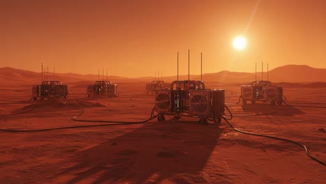 Exploring Advanced Habitat Structures on Mars: A Glimpse into Futuristic Settlements in an Alien Landscape Under a Glowing Sun