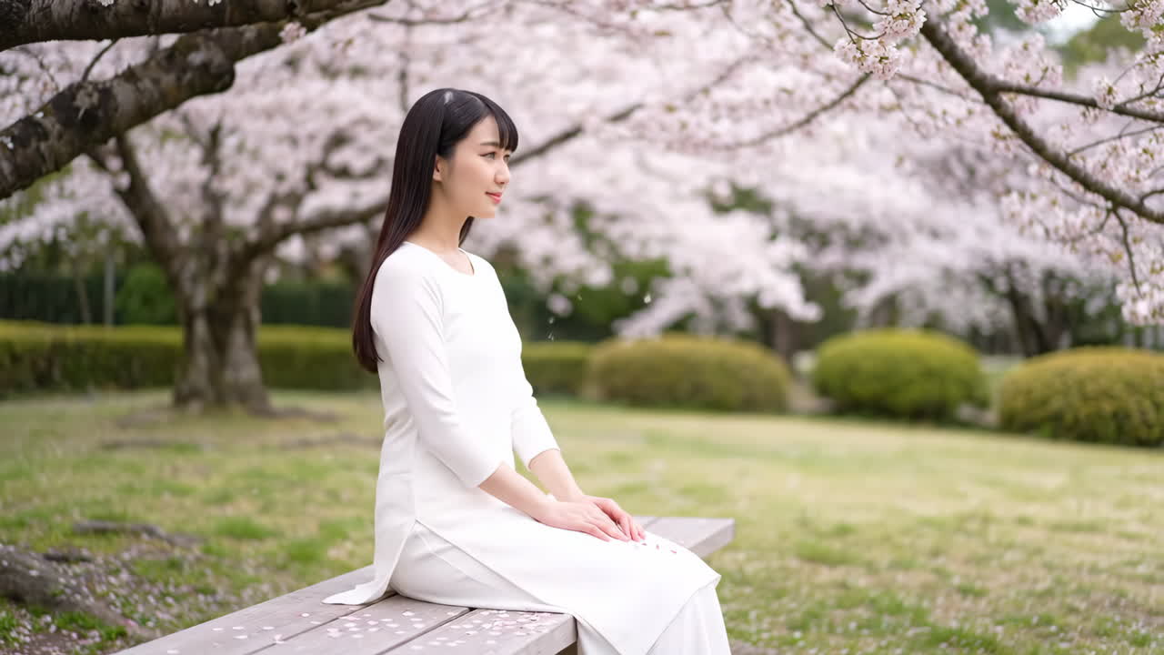 Woman in White Dress Sitting on Bench Under Cherry Blossoms