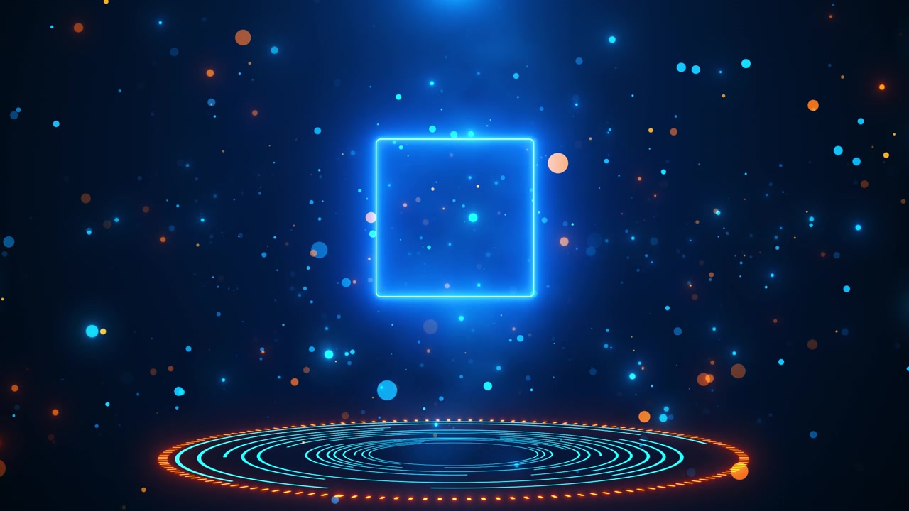 Neon square portal platform cyan glowing frame circular rings orange accents floating particles tech