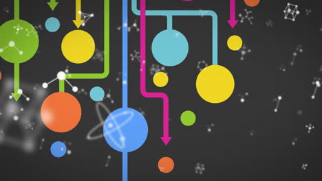 animación de moléculas sobre flechas y círculos de colores sobre fondo negro