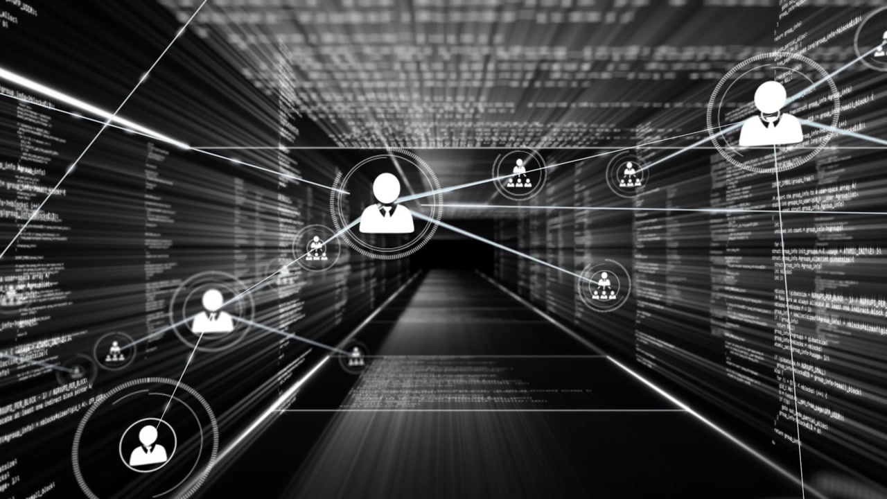 Motion blur starting as centered user avatar emitting links, spawning nodes, showing network growth
