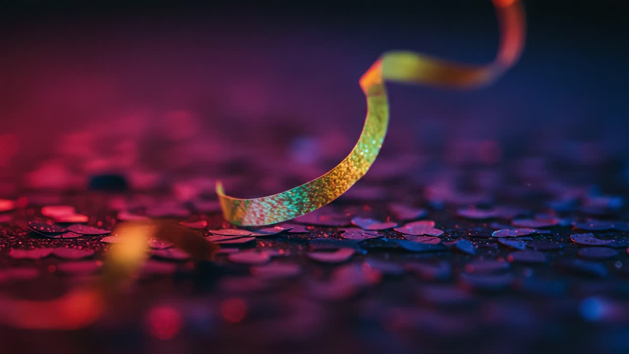 A Magical Celebration Captured: Vibrant Ribbons Dance Over Glittering Confetti, Creating a Mesmerizing Scene That Reflects Joy and Festivity in Every Detail