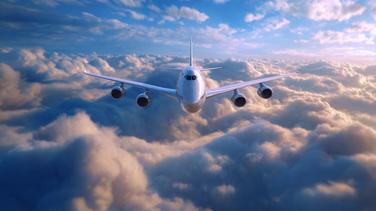 Un maestoso aeroplano che si libra in alto sopra le nuvole soffici e vaporose, illuminato dal caldo bagliore del sole al tramonto, che mostra la bellezza del volo e del cielo